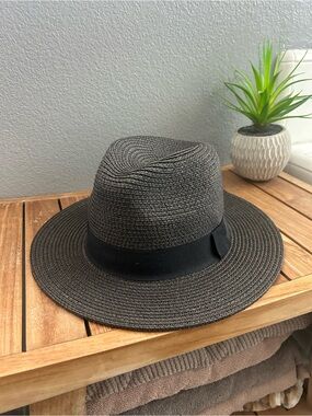 Classic Straw Fedora Hat in Charcoal with Black Band